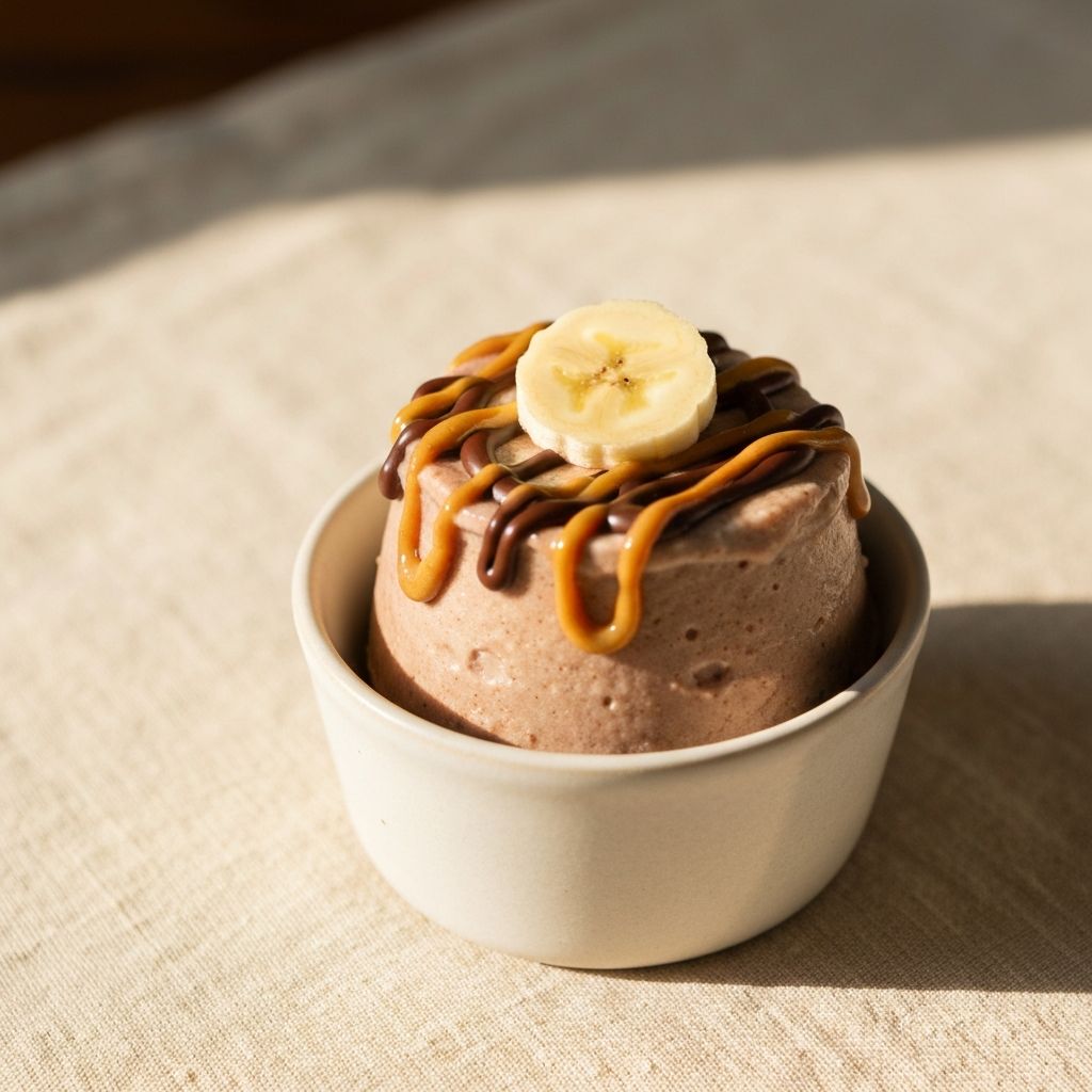 A bowl of frozen banana ice cream with chocolate and peanut butter swirls