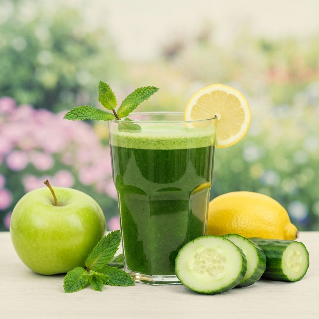 A tall glass of fresh green cold-pressed juice with apple, cucumber, mint and lemon